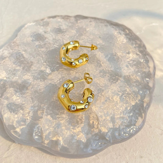 CZ Small Chunky C Shaped Solid Hoop Earrings
