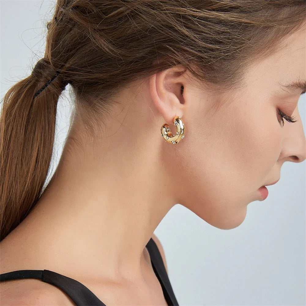 CZ Small Chunky C Shaped Solid Hoop Earrings
