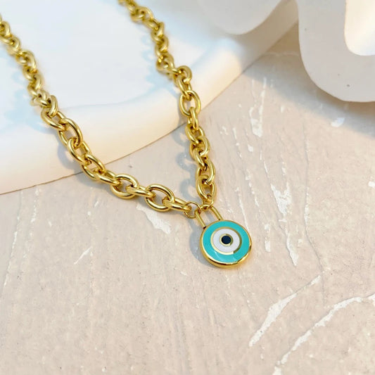 Evil Eye Round Pendant Link Necklace