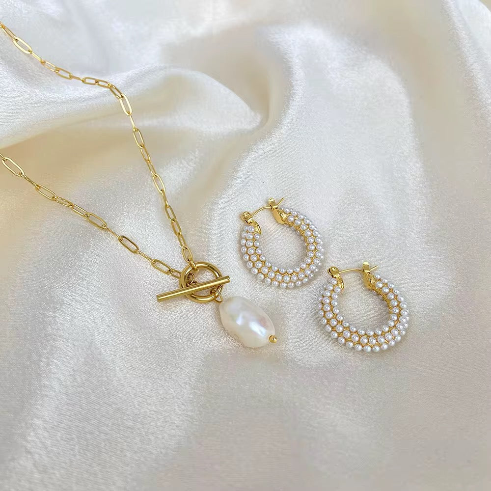 Pearl Cluster Hoop Earring-Elegant pearl cluster hoop earrings featuring fresh-water pearls set on gold plated hoops. Non-tarnish, hypoallergenic and shipped worldwide from Ireland.-Dazzledvenus