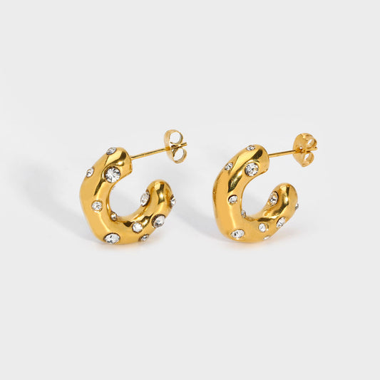 CZ Small Chunky C Shaped Solid Hoop Earrings-Dazzledvenus