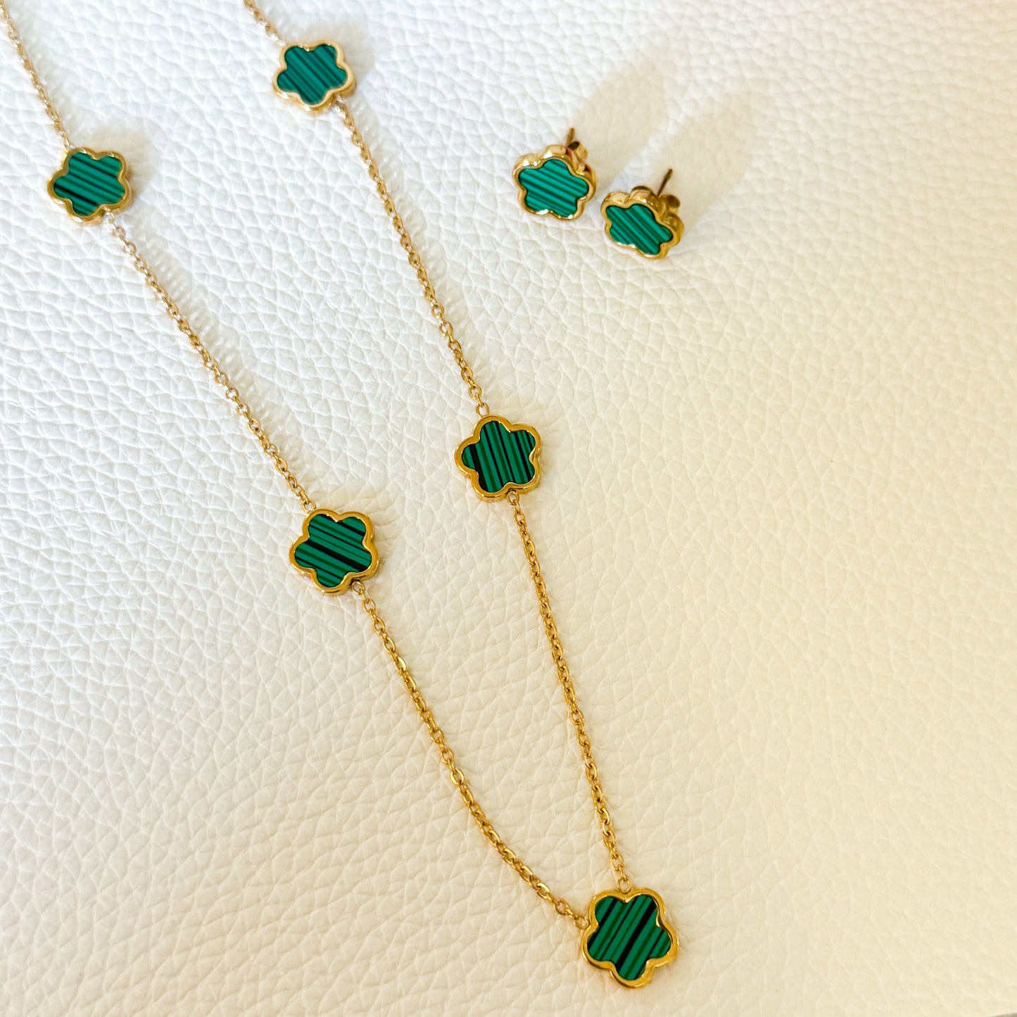 Four Leaf Clover Necklace & Earring Set-Purchase stylish Twisted Herring Bone Necklace. Explore our online collection for trendy accessories reflecting the charm of the Emerald Isle. Order yours now!-Dazzledvenus