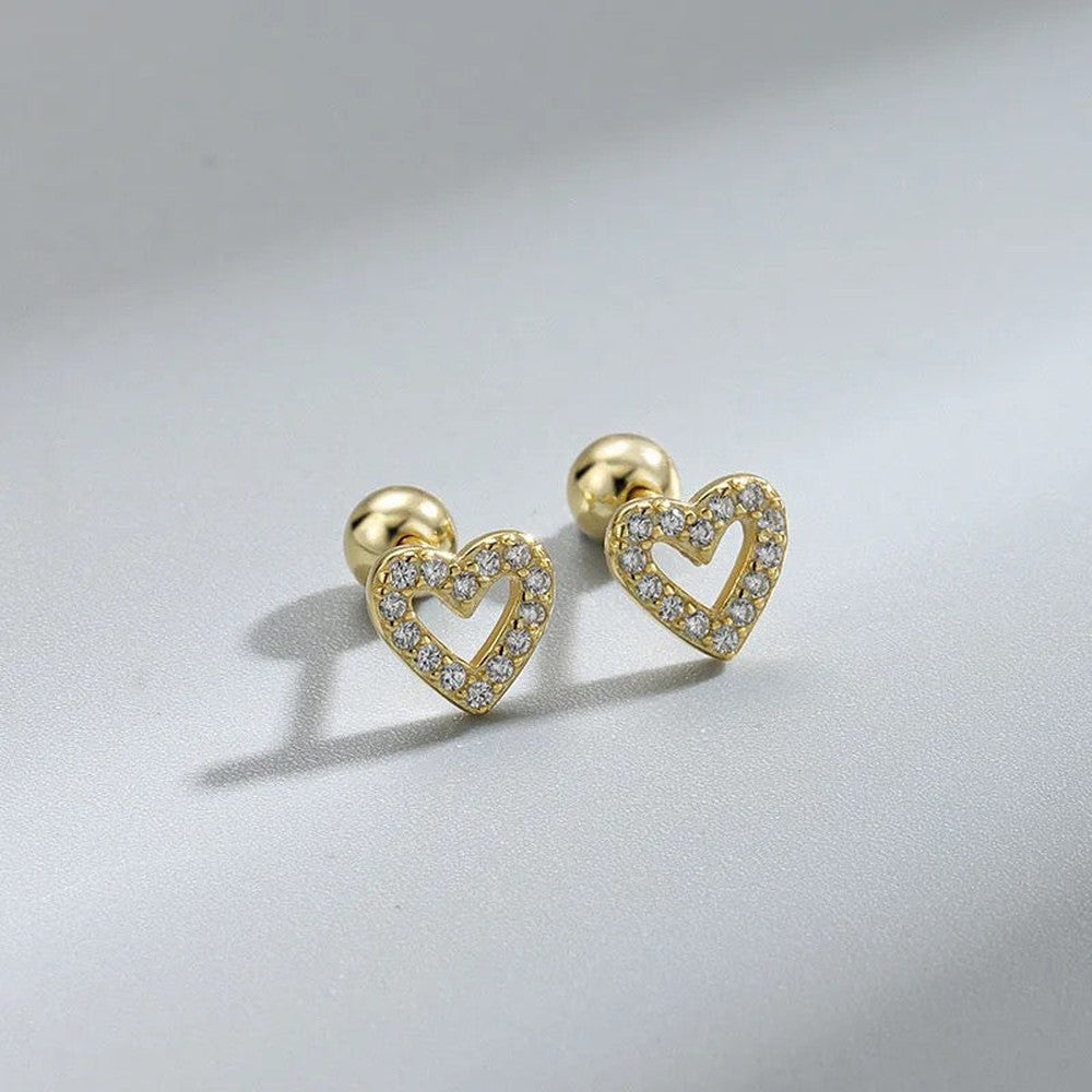 Screw Back CZ Heart Stud Earring-Dazzledvenus