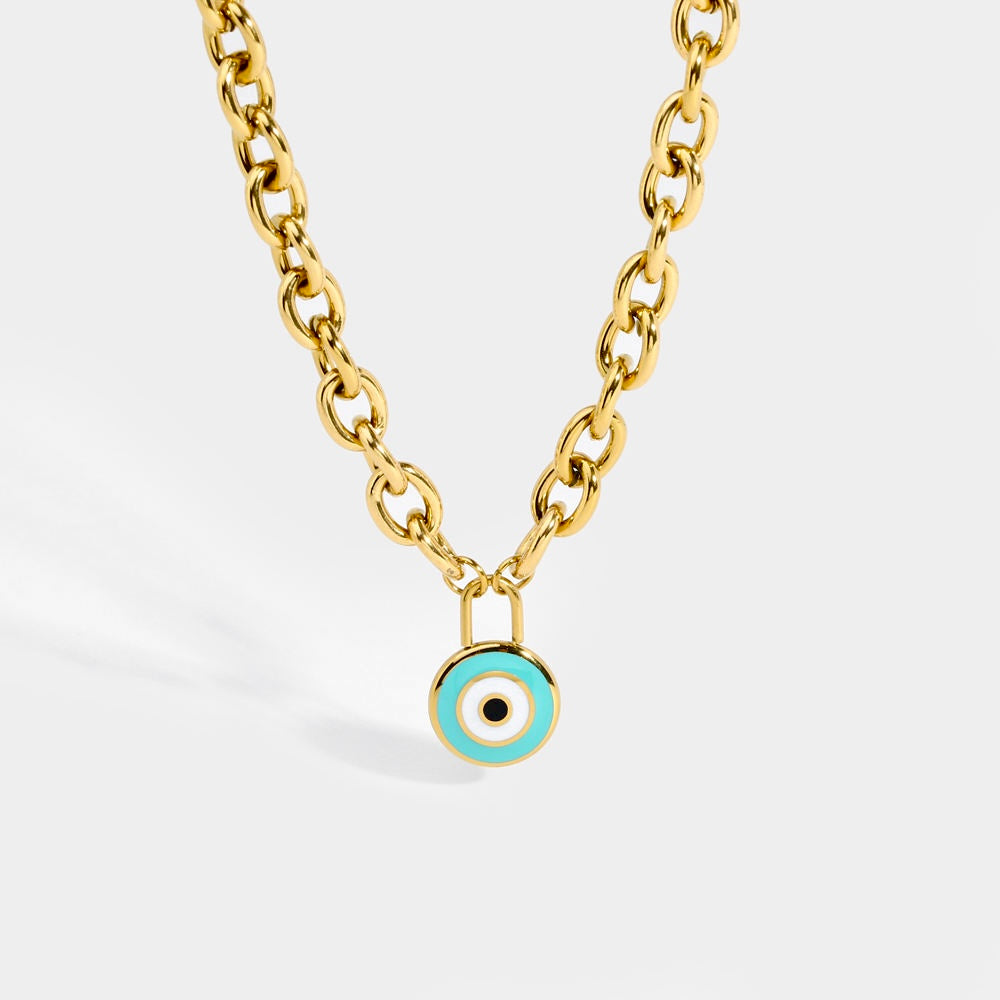 Evil Eye Round Pendant Link Necklace