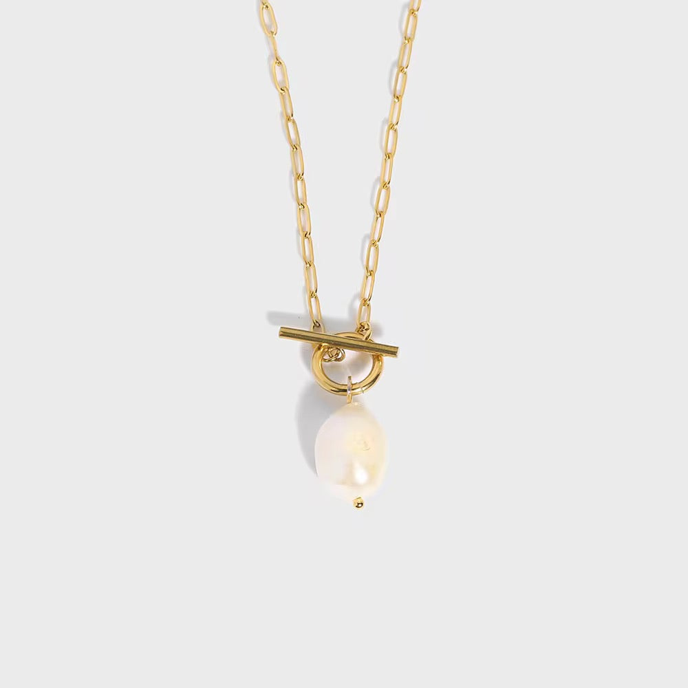 Toggle Freshwater Pearl Necklace-Freshwater pearl toggle necklace on a gold paperclip chain. Waterproof, non-tarnish and 18k gold plated. A meaningful jewellery gift shipped worldwide.-Dazzledvenus