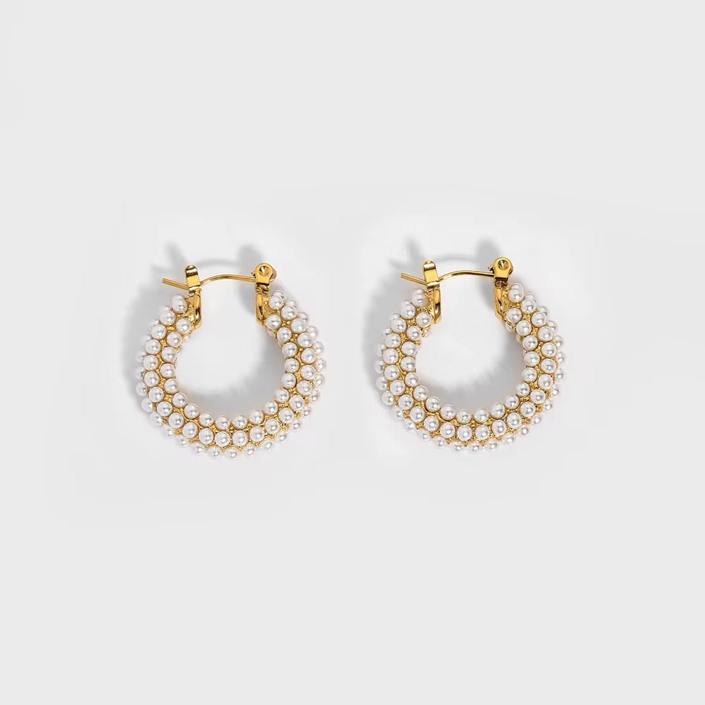 Pearl Cluster Hoop Earring-Elegant pearl cluster hoop earrings featuring fresh-water pearls set on gold plated hoops. Non-tarnish, hypoallergenic and shipped worldwide from Ireland.-Dazzledvenus
