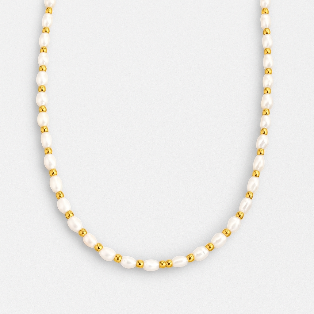 Dainty Bali seed pearl necklace with gold accents – elegant waterproof jewellery Ireland