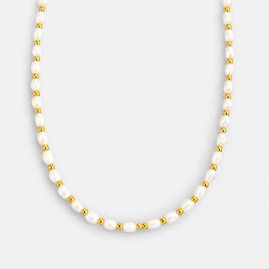 Bali Seed Pearl Necklace-Dainty Bali seed pearl necklace with 18k gold-plated stainless steel. Waterproof, non-tarnish and elegant. A timeless pearl jewellery piece shipped from Ireland. -Dazzledvenus