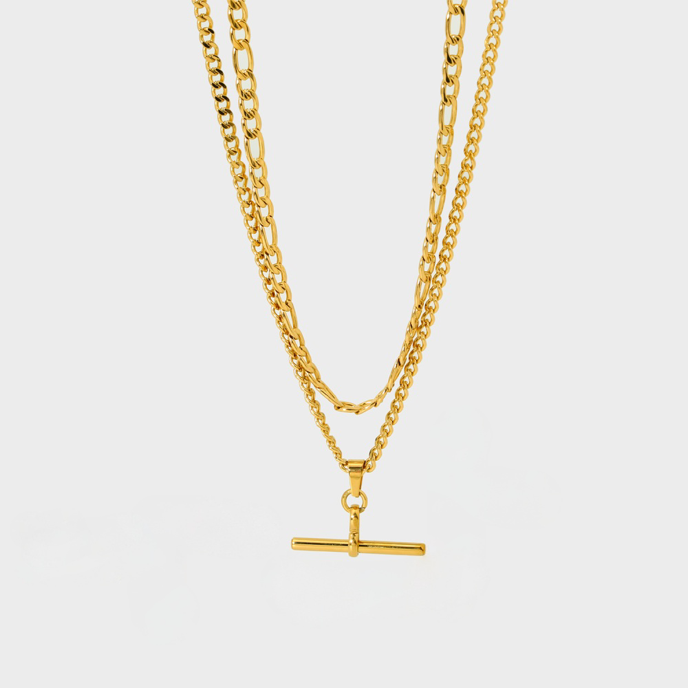 Multilayered T Bar Necklace-Elevate your style with our multilayered Figaro chain T-bar necklace, available in luxurious gold and sleek silver. This elegant piece features alternating long and short links with a chic T-bar clasp for a modern twist on a classic design. Crafted with 18k gold plating, it boasts a radiant, durable finish and is waterproof, ensuring lasting beauty and practicality. Enjoy free worldwide shipping and shop with confidence thanks to our 30-day satisfaction guarantee. Redefine sophis