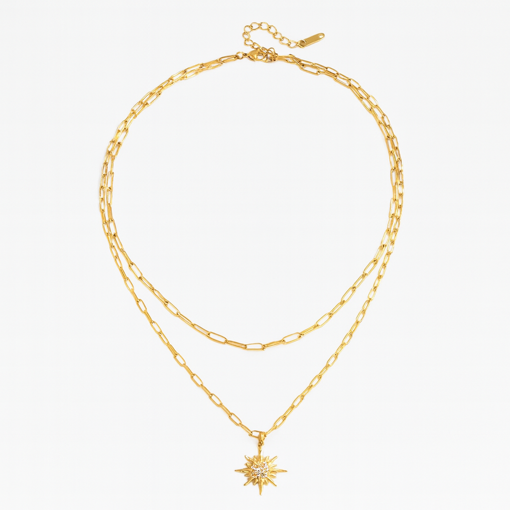 Rising Sun Duo Necklace-Elegant Rising Sun Duo Necklace with layered chains and sun pendant. 18k PVD gold plated, waterproof, non-tarnish and hypoallergenic. Shipped worldwide from Ireland. -Dazzledvenus