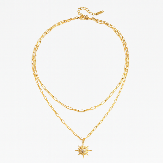 Rising Sun Duo Necklace-Elegant Rising Sun Duo Necklace with layered chains and sun pendant. 18k PVD gold plated, waterproof, non-tarnish and hypoallergenic. Shipped worldwide from Ireland. -Dazzledvenus