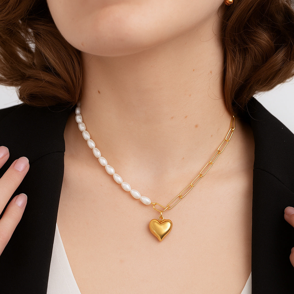 Paperclip Pearl Heart Necklace