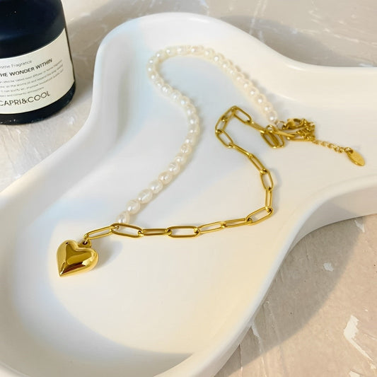 Paperclip Pearl Heart Necklace-Dazzledvenus