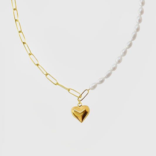 Paperclip Pearl Heart Necklace-Dazzledvenus