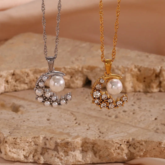 Moon Crescent CZ Pearl Necklace-Dazzledvenus