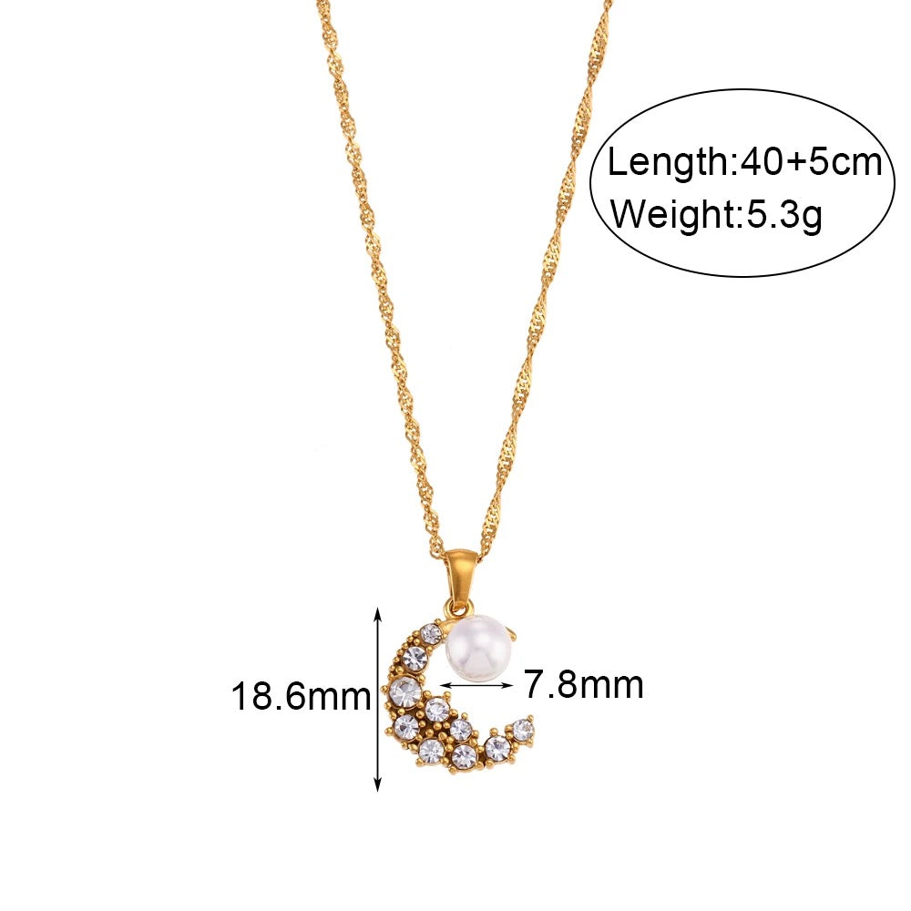 Moon Crescent CZ Pearl Necklace-Dazzledvenus